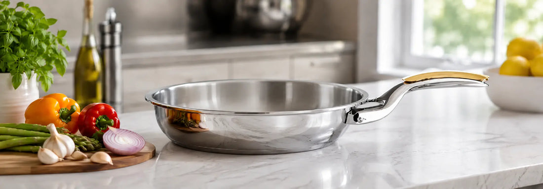 Zepter MasterPiece stainless steel frying pan with lid on a modern NZ kitchen benchtop
