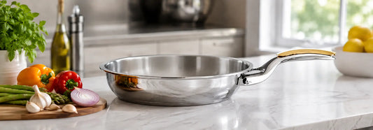 Zepter MasterPiece stainless steel frying pan with lid on a modern NZ kitchen benchtop