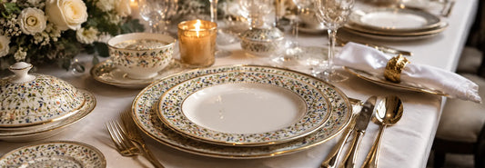 Elegant Zepter porcelain plates with gold plated edges on a refined dinner table setting