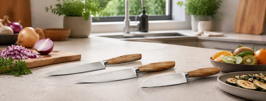 Three essential kitchen knives on a kitchen bench for faster everyday prep in a New Zealand home kitchen.