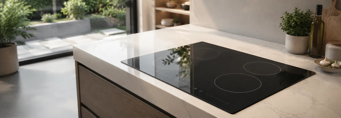 Flat-base stainless steel cookware on a ceramic glass cooktop in a modern NZ kitchen