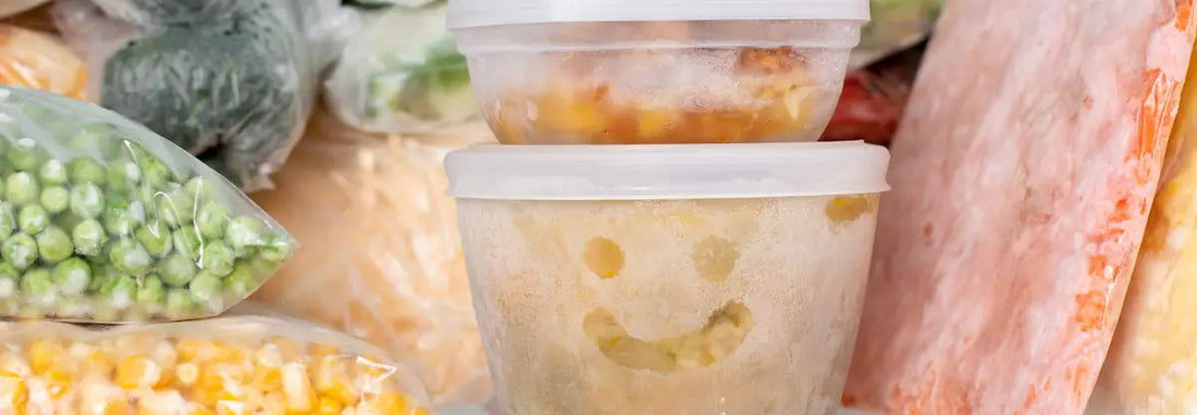 Vacuum-sealed freezer food portions stacked and labelled in a New Zealand kitchen freezer